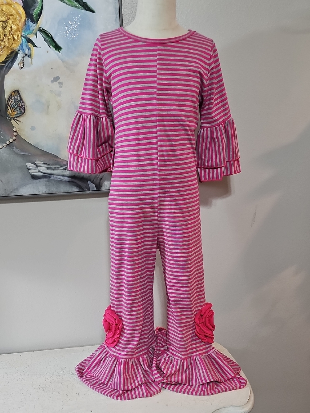 3 for $20 💖 Blossom Couture Striped Ruffle Jumpsuit Pink/Grey 7-8